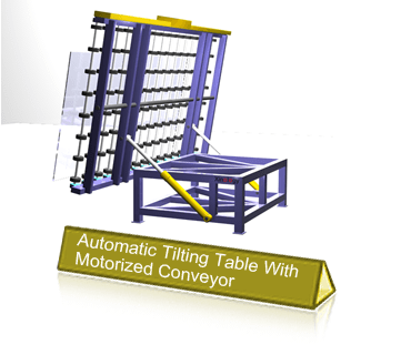 Automatic Tilting Table with Motorized Roller Conveyors for Horizontal Glass Movement