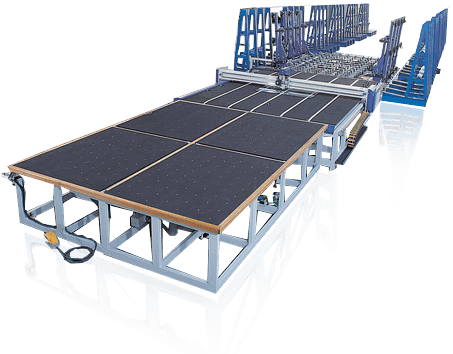 Automatic Glass Loading Machine Runs Among Multiple Glass Stations on Rails Track